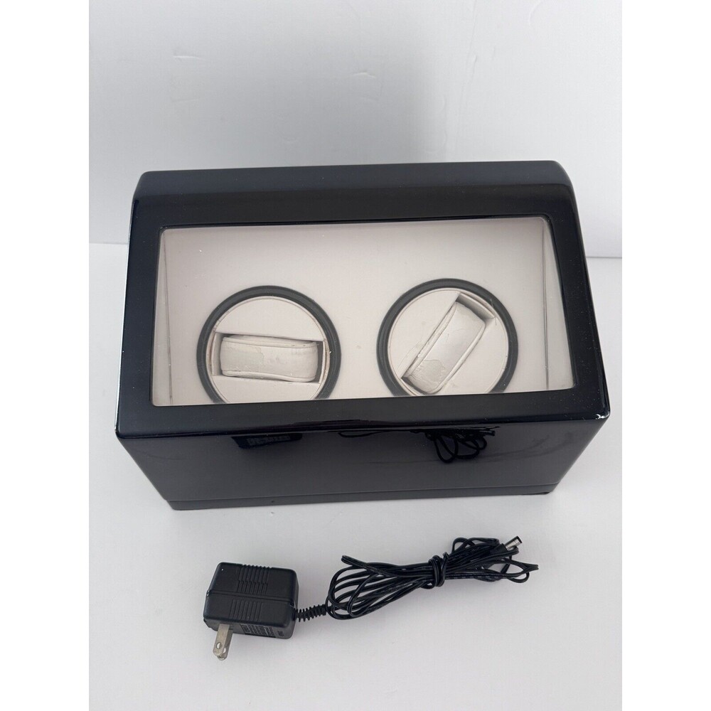 Double Automatic 2 Watch Winder Rotating Display Box Black Case & Cord WORKS